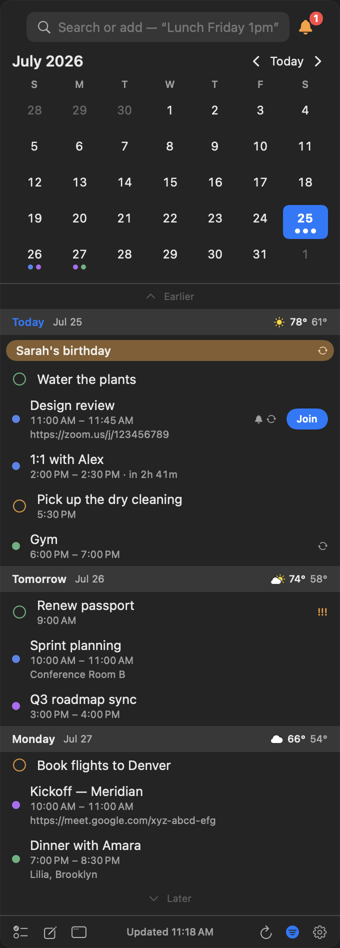 The InstaCal panel open in the macOS menu bar: a July month grid above an agenda showing today's events with a live countdown, a Zoom link, due reminders, and weather in each day header
