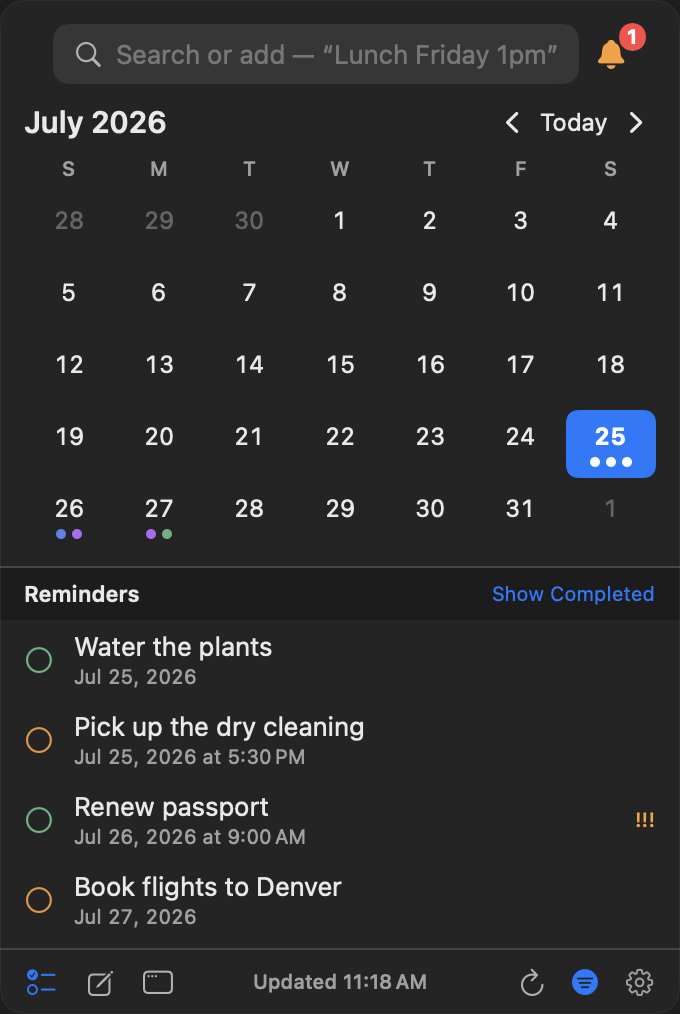The InstaCal panel showing the reminders list with due dates, priority marks and completion circles
